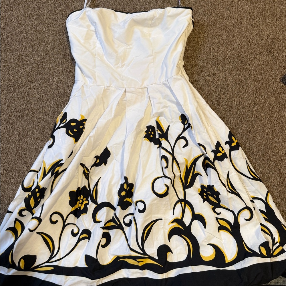 OC by Oleg Cassini Strapless White Dress with Black and Yellow Floral Design